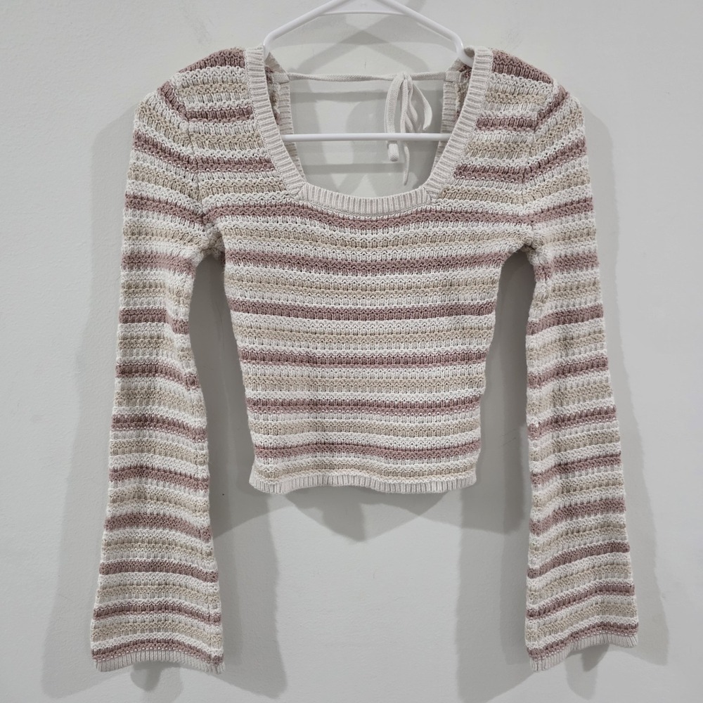 Y2K Hollister Womens Crochet Crop Top Size Xs Flare Sleeve Striped Festival Boho